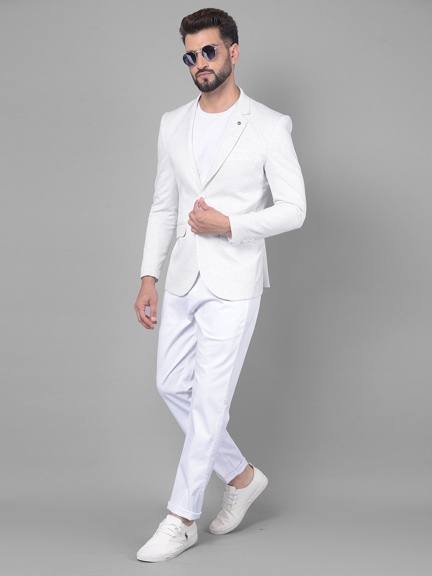 Crimsoune Club Off White Slim Fit Self Pattern Blazer