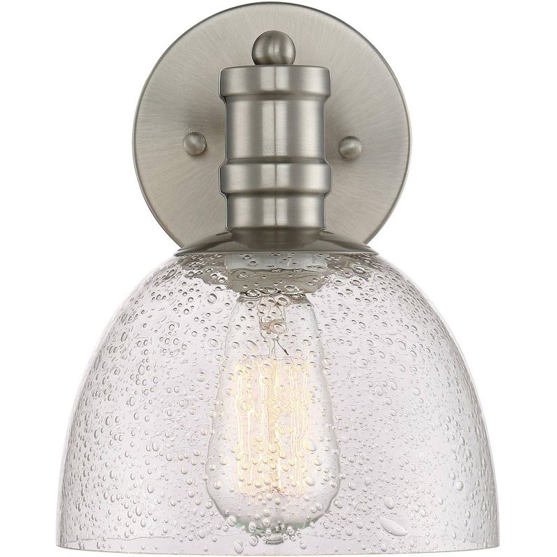 Franklin Iron Works Industrial Farmhouse Wall Light Sconce LED Brushed Nickel 9 1/4" High Fixture Seedy Glass for Bedroom Bathroom