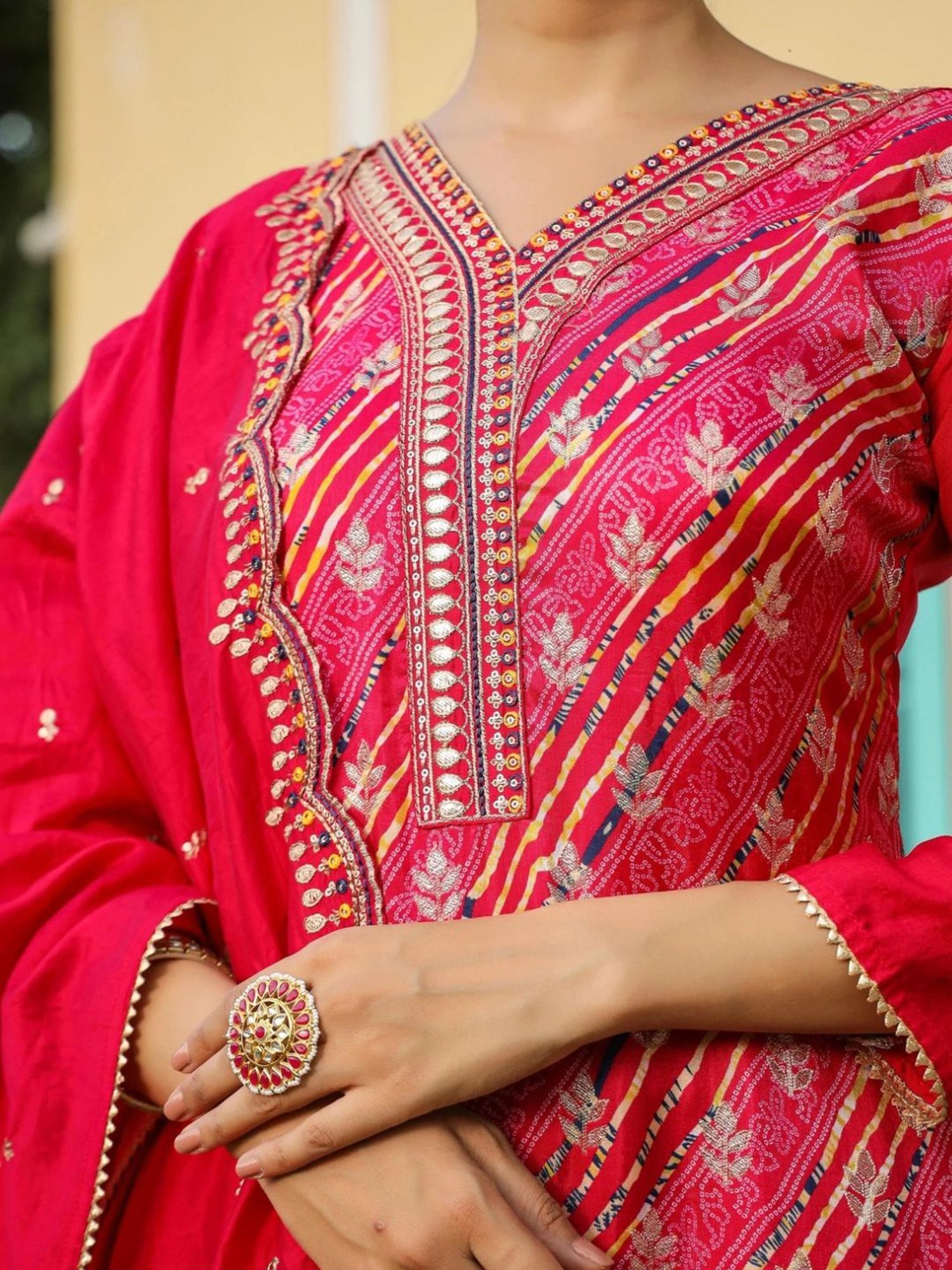 Scakhi Deep Pink Silk Jacquard Bandhani Suit Set Kurta With Pant And Dupatta