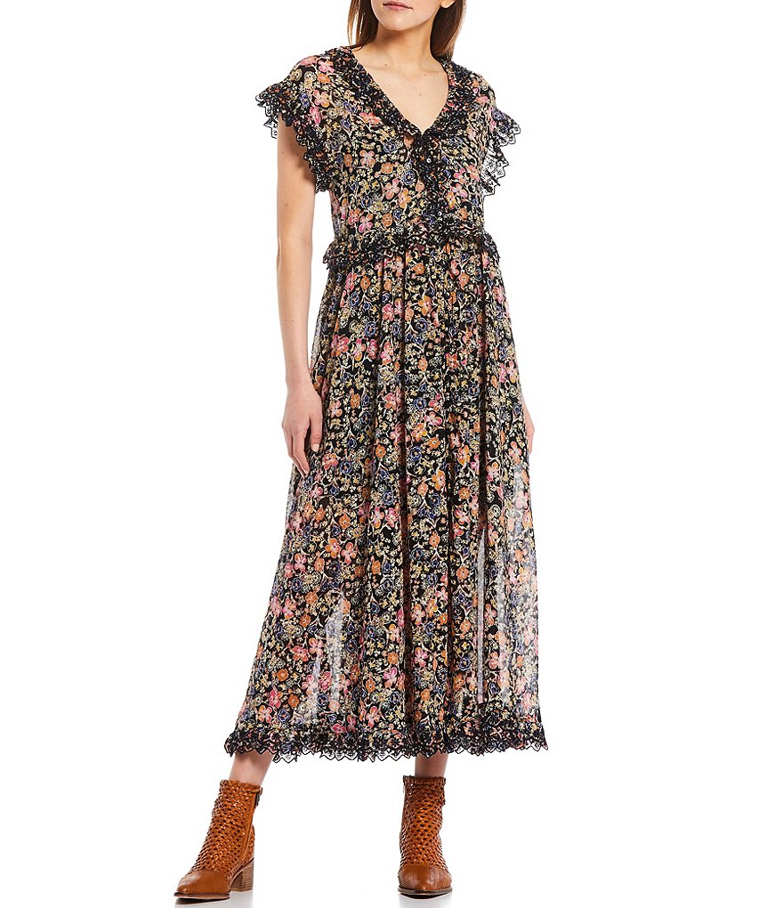 Free People Milania Floral Print V-Neck Cap Sleeve Maxi Dress