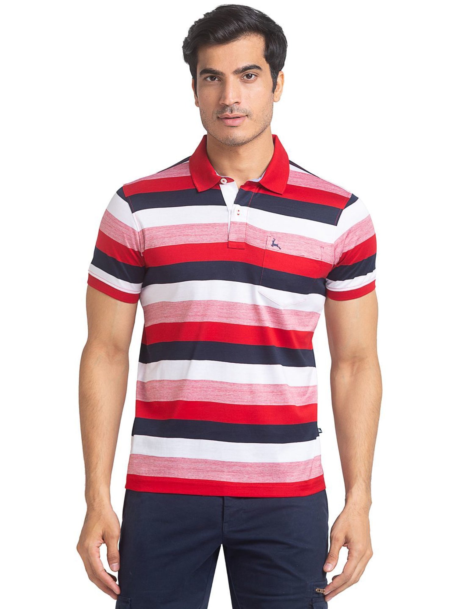Parx Red Pure Cotton Regular Fit Striped Polo T-Shirt