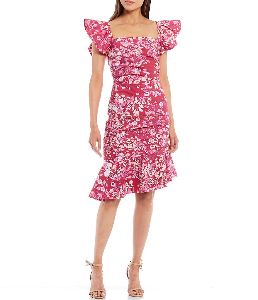 Sachin & Babi Ellen Square Neckline Flutter Cap Sleeve Sheath Dress