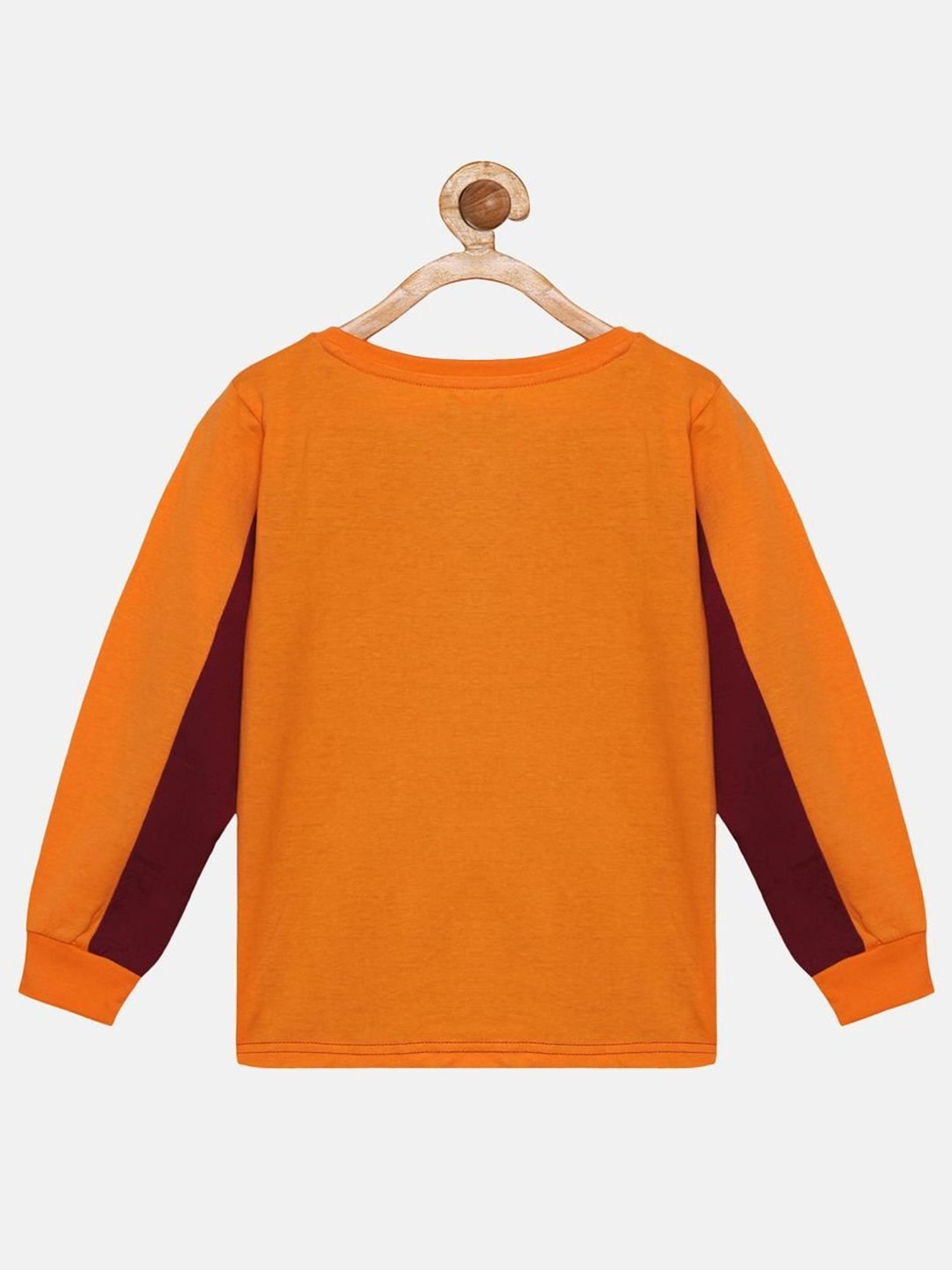 Kiddopanti Kids Maroon & Orange Cotton Printed Full Sleeves T-Shirt