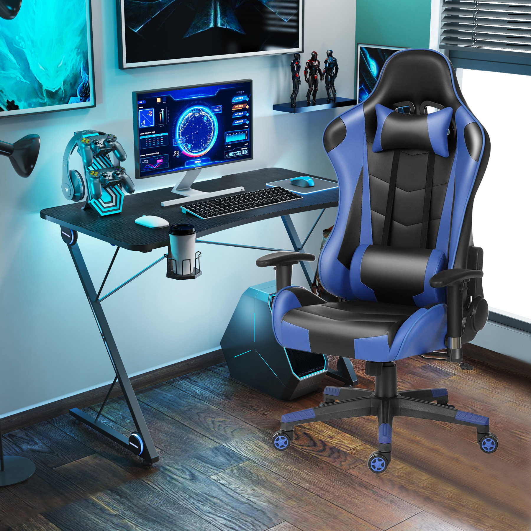 43.3 Inch Gaming Desk with PU Leather Gaming Chair Home Office Desk and Chair Set Z-Shaped E-Sport Gamer Workstation with LED Lights Carbon Fiber Surface, Ergonomic Gaming Table with Cup Holder
