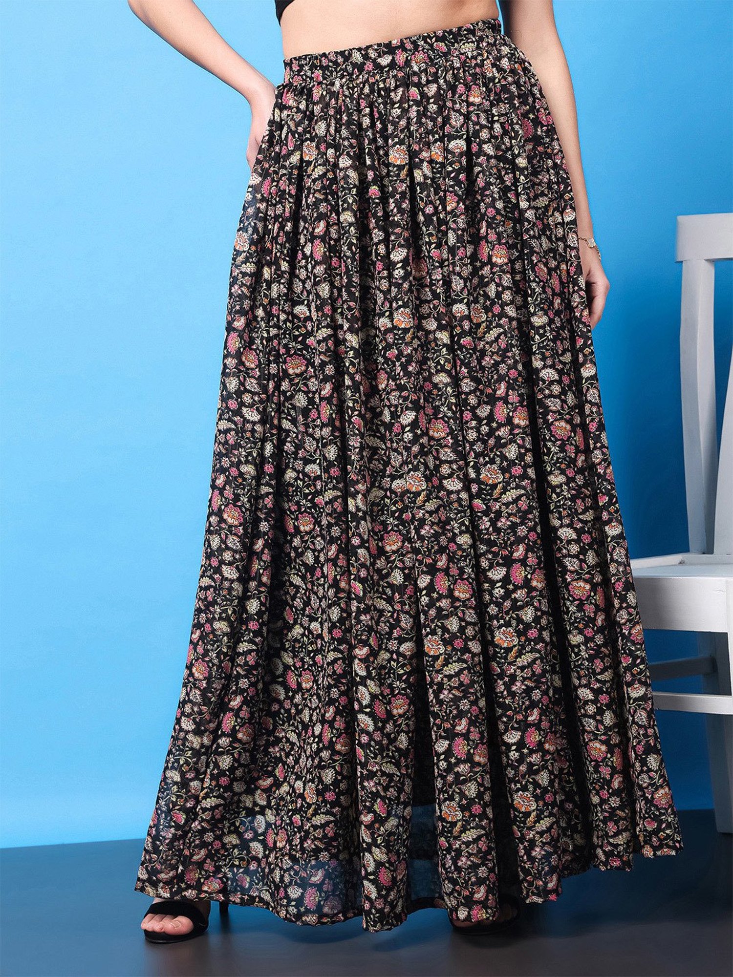 Belle Fille Sky Blue & Beige Printed Skirt