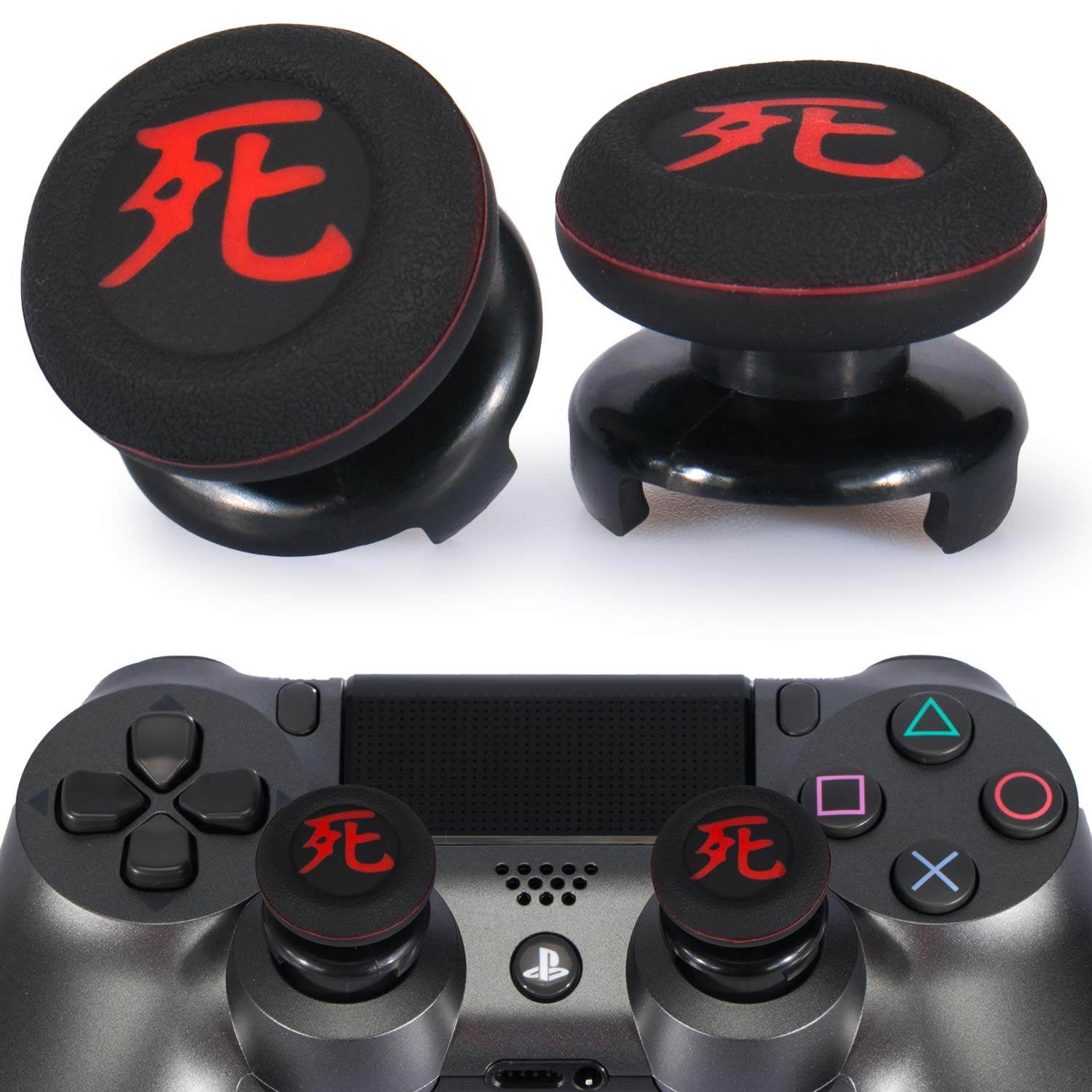 FPS Thumbstick Extender & Printing Rubber Silicone Grip Cover 2 Sets for PS5 Dualsenese & PS4 Controller (Death of Kanji)