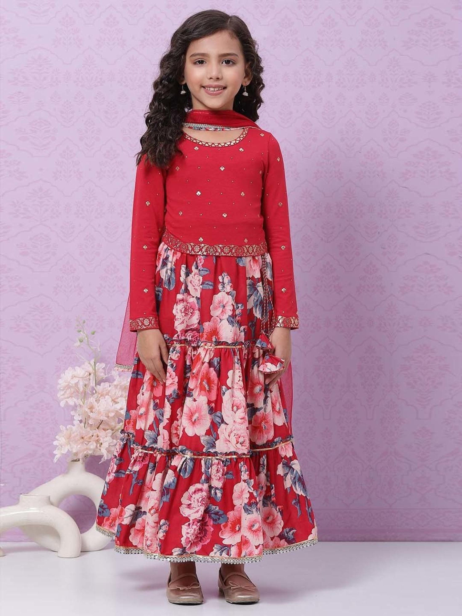 Biba Kids Red Printed Full Sleeves Lehenga Cholis