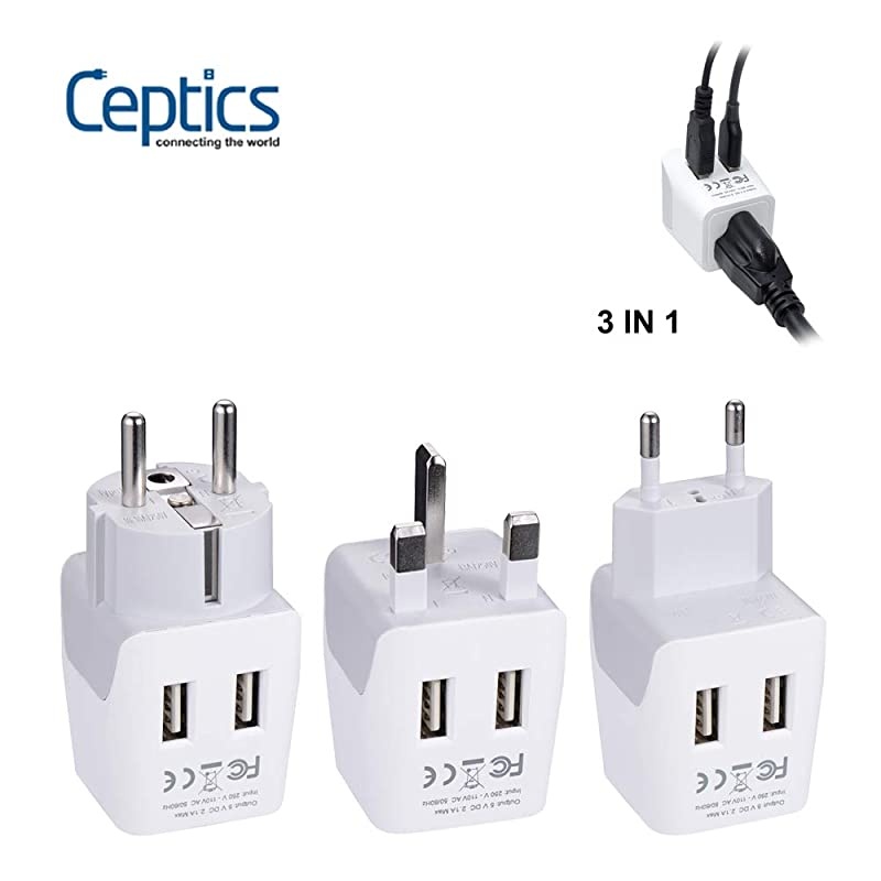 Complete European Set Travel Adapter Plug by  With Dual USB - Type G, E/F, C - London - USA Input - Light Weight - Perfect for Cell Phones, Chargers, Cameras and More - 3 Pack