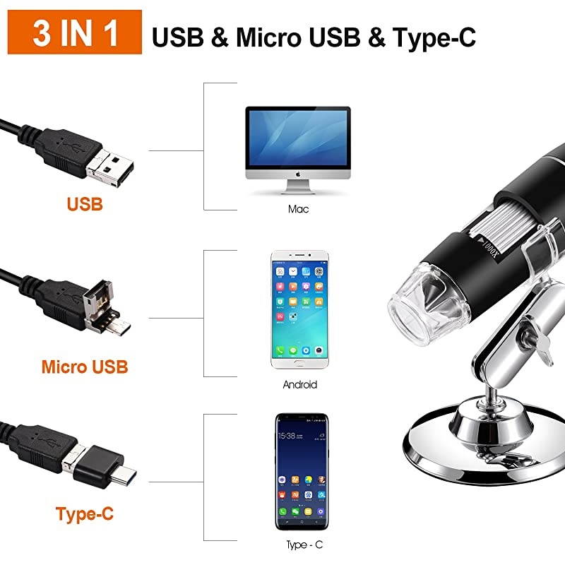 USB Digital Microscope 40X to 1000X 8 LED Magnification Endoscope Camera with Carrying Case amp Metal Stand Compatible for Android Windows 7 8 10 Linux Mac