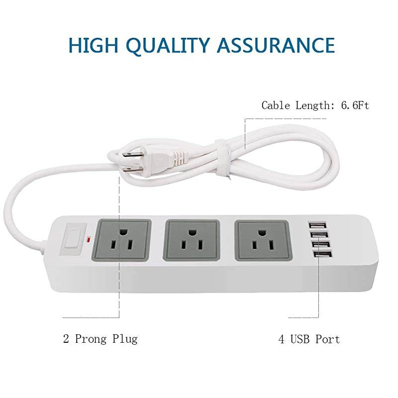 Strip White USB Strip with 2 Prong 66ft Extension Cord 3 AC Outlet Flat Plug Surge Protector for Workbench Nightstand Home Office and Hotel