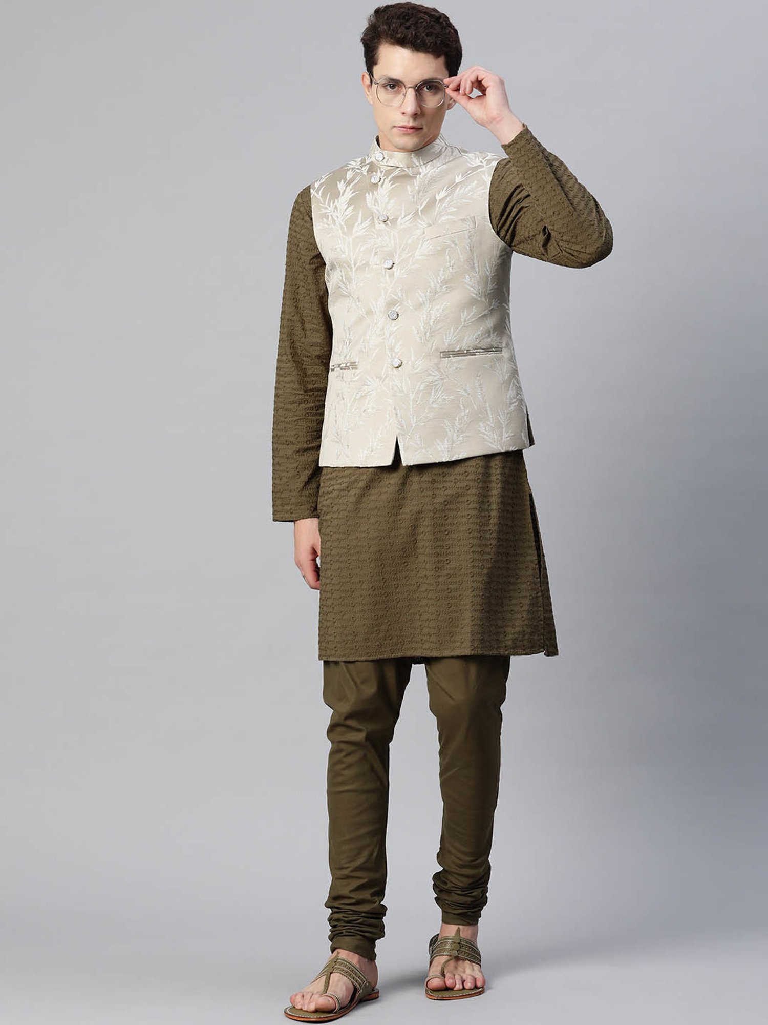 ManQ Beige Slim Fit Nehru Jacket