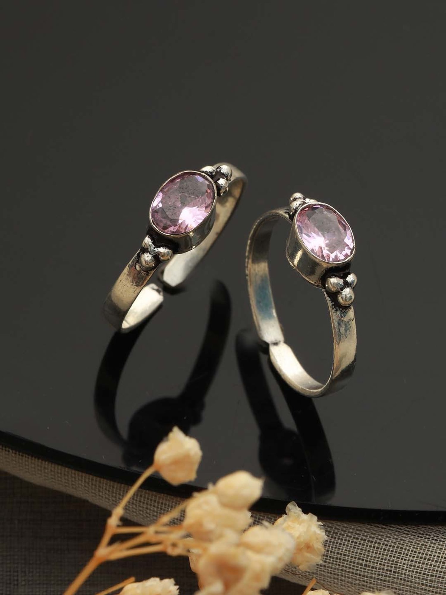 Saraf RS Jewellery Silver-Plated Pink AD Studded Delicate Adjustable Toe Rings - Set of 2