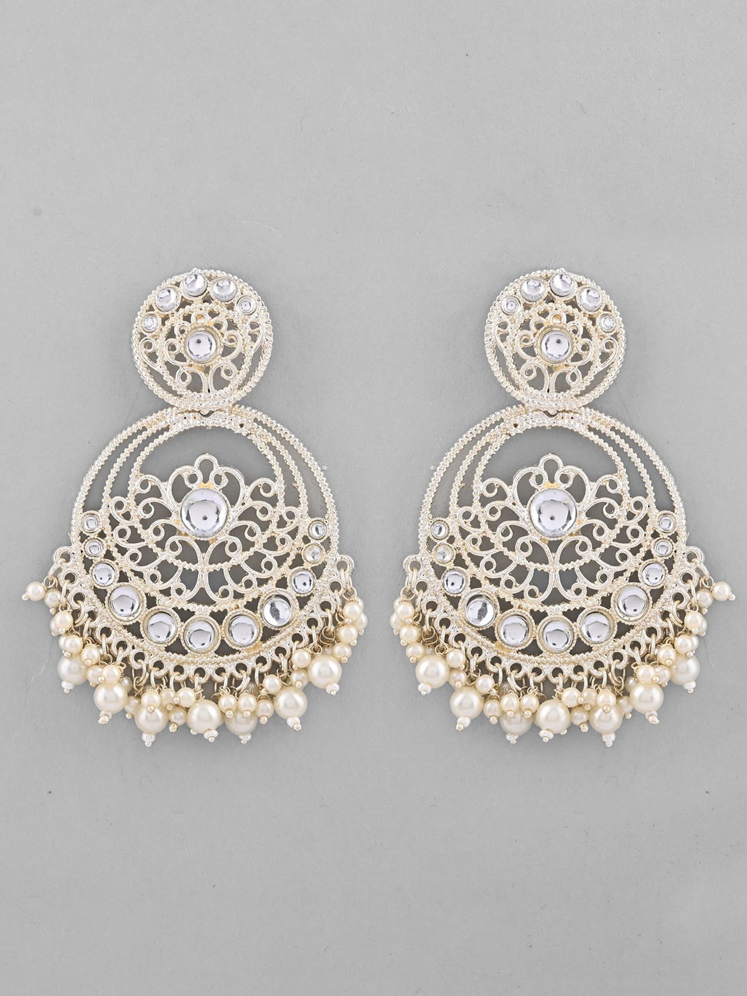 VOJ Gold Plated Kundan Contemporary Circular Chandbaali Earrings for Women