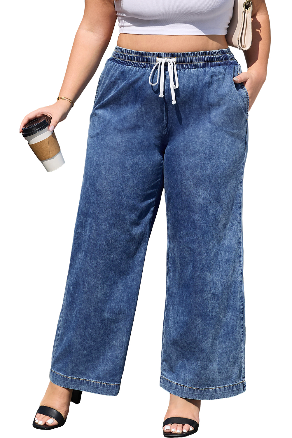 Dark Blue Plus Size Stitching Washed Flare Jeans