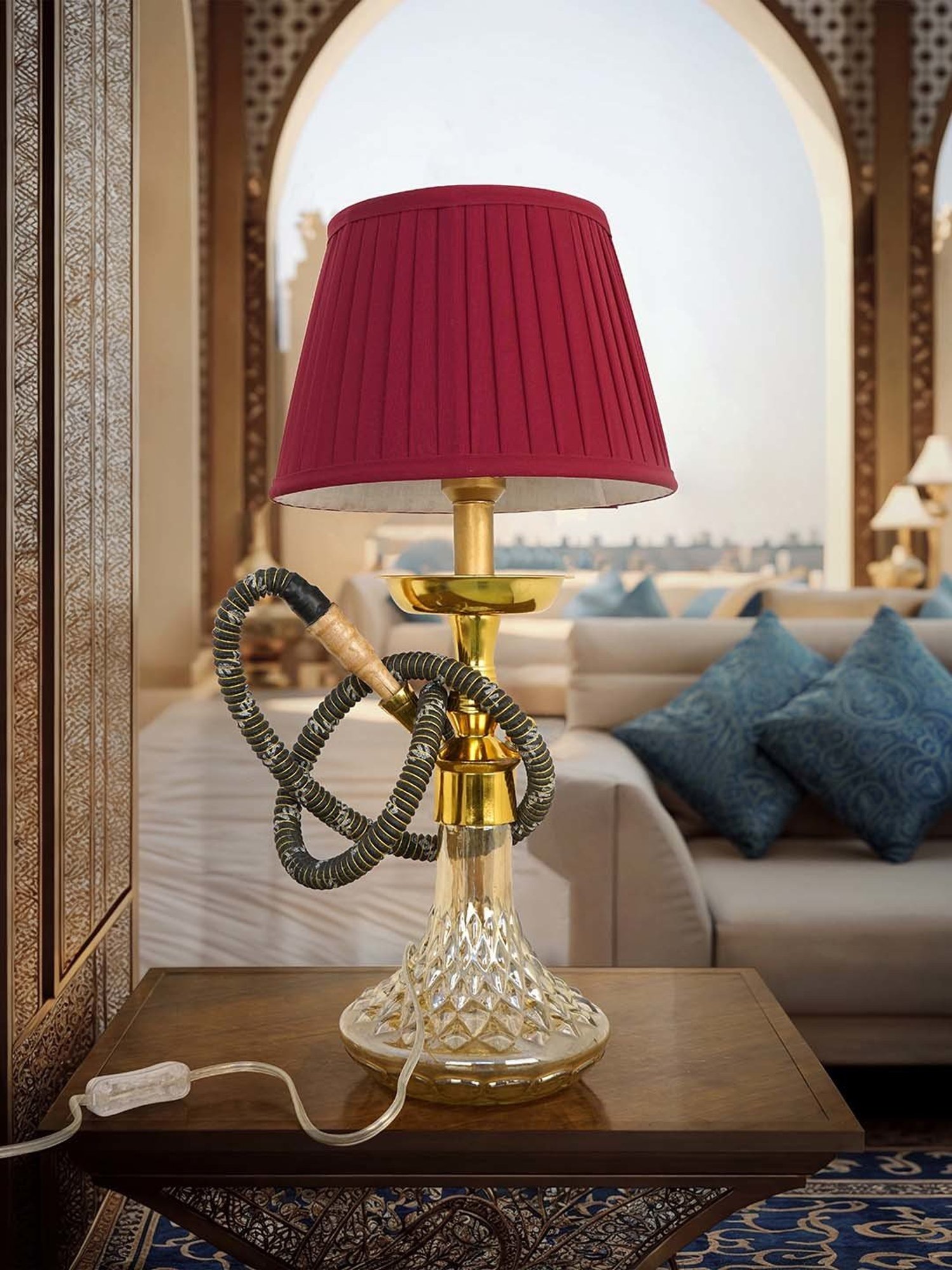Fos Lighting Unique Cultural Fusion with Maroon Pleated Shade Hookah Table Lamp