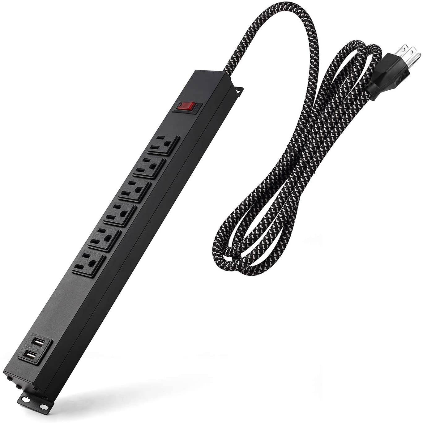 Metal Power Strip with USB, 6 feet, 6 Outlet Expander, Surge Protector, 300J, Wall Mountable, Overload Protection Switch, 3 Prong, Black, Heavy Duty Power Strip for Workbench Home Office, SGS Listed
