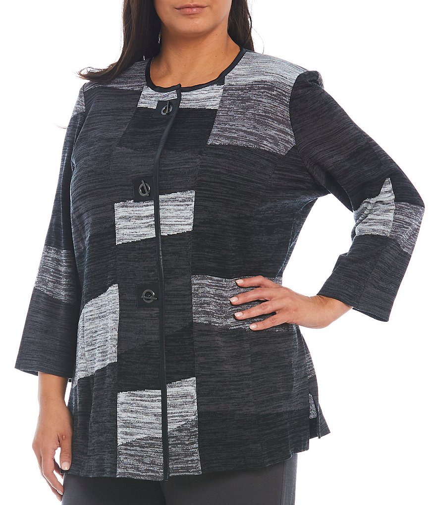 Ali Miles Plus Size Mixed Animal Print Open-Front Drop Needle Onion Skin Jacket