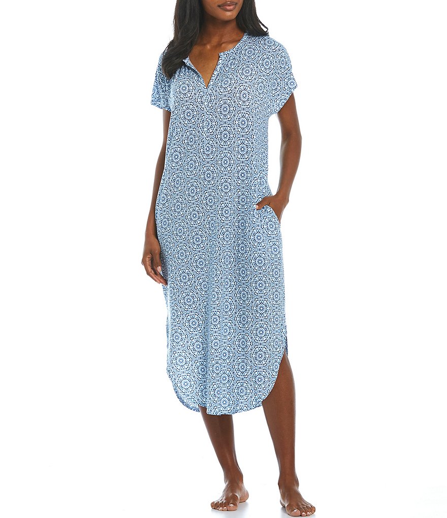 Donna Karan Sleepwear Solid Woven Pleated V Neck Long Chemise With Pockets