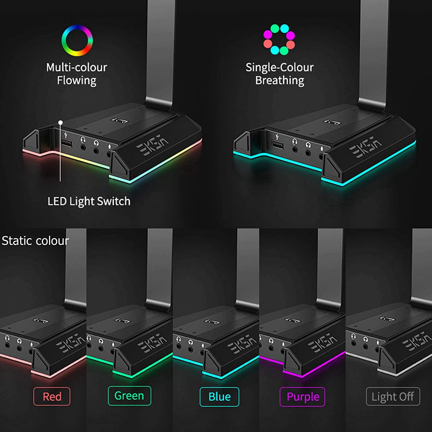 Gaming Headset Stand Holder, Aluminum RGB 7.1 Surround Sound Headphone Headset Stand Holder Hanger Hook with USB Charger and 3.5mm AUX Port Universal