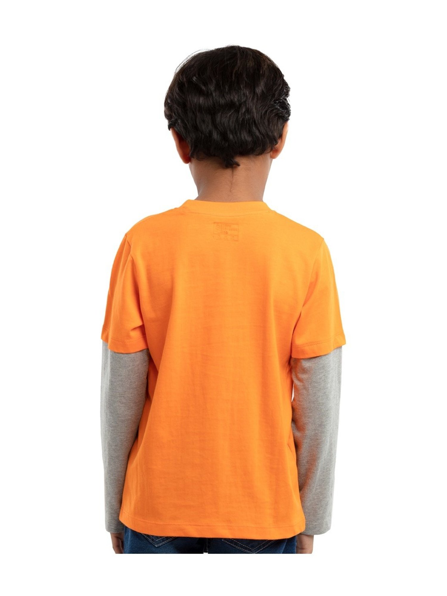 Under Fourteen Only Kids Orange & Grey Cotton Embellished Full Sleeves T-Shirt