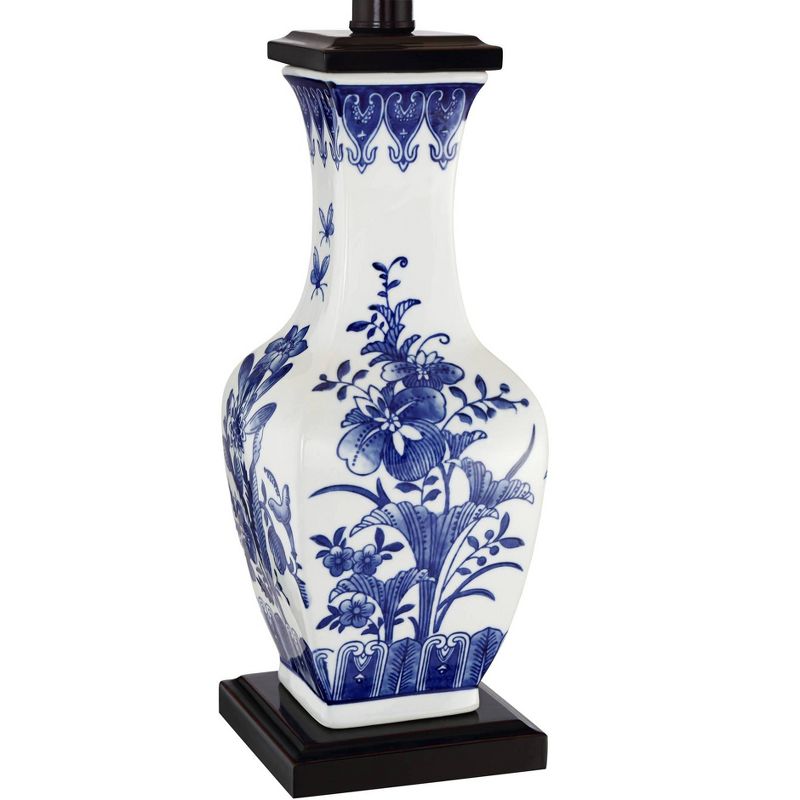 Barnes and Ivy Asian Accent Table Lamp Ceramic Blue Floral Vase White Bell Shade for Living Room Family Bedroom Bedside Nightstand
