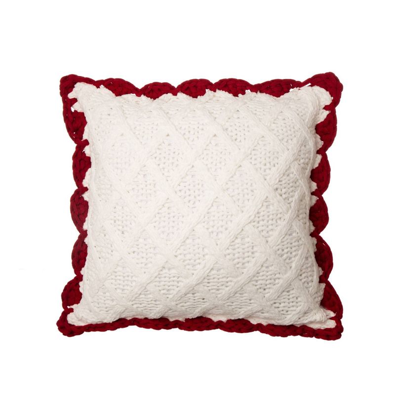 18" Knitted Polyester Pillow Cover with Red Trim & PomPom White - Glitzhome
