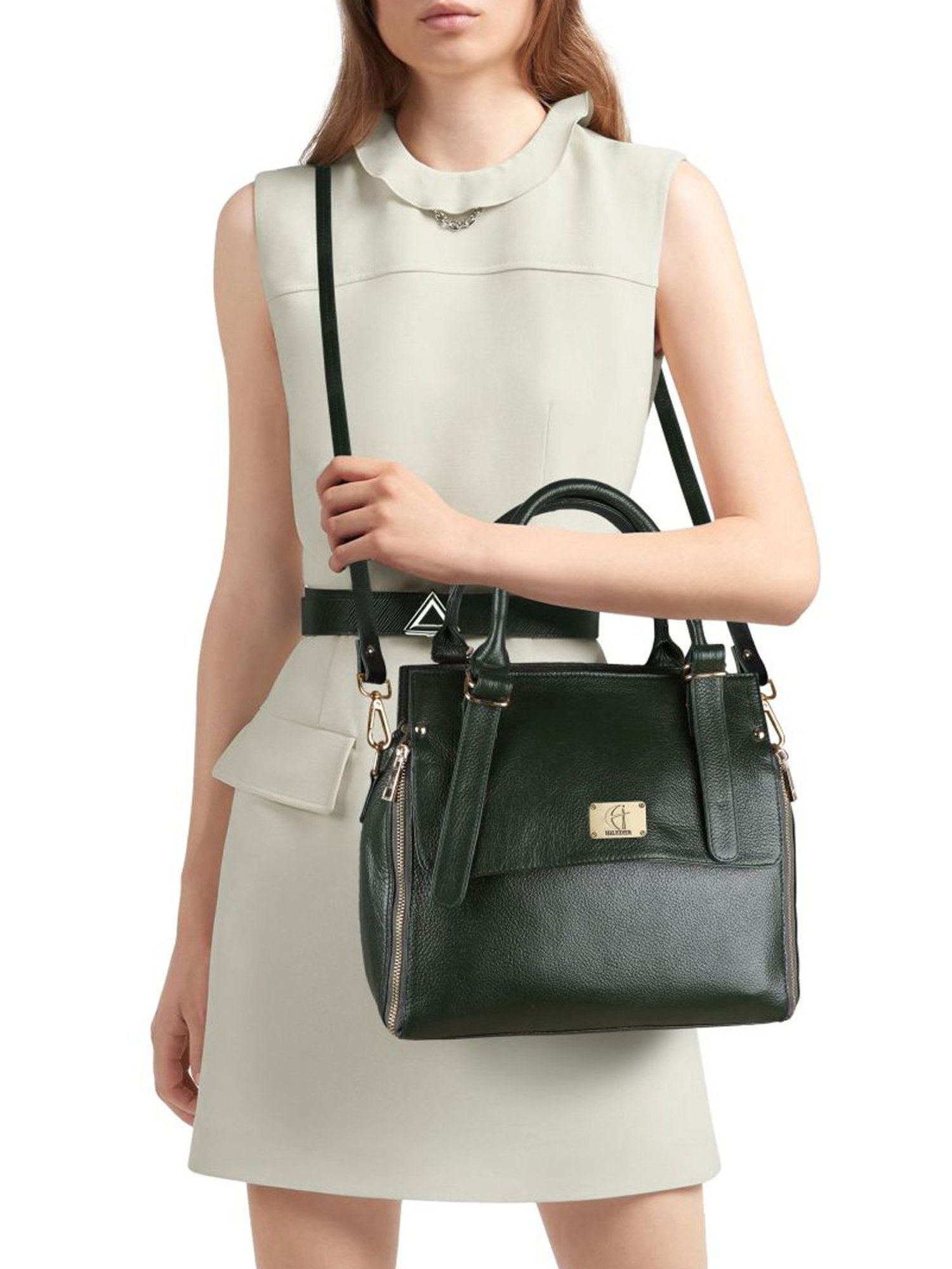 HiLEDER Green Solid Medium Handbag