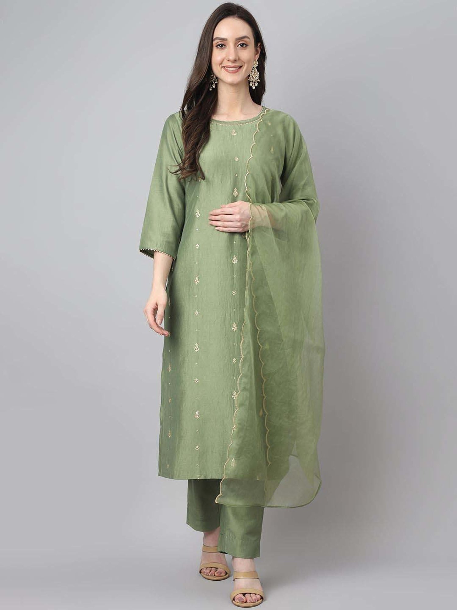 Janasya Green Embroidered Kurta & Pant Set With Dupatta