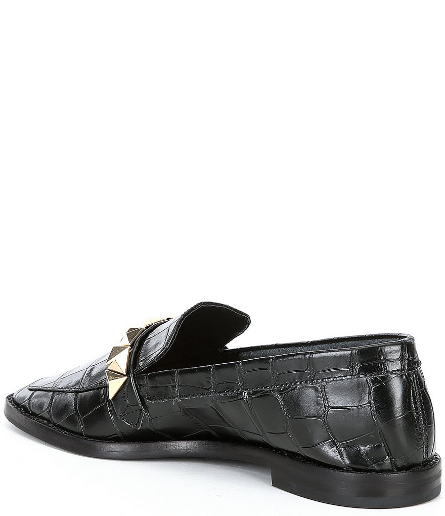 Schutz Pinky Croco Print Leather Studded Strap Loafers