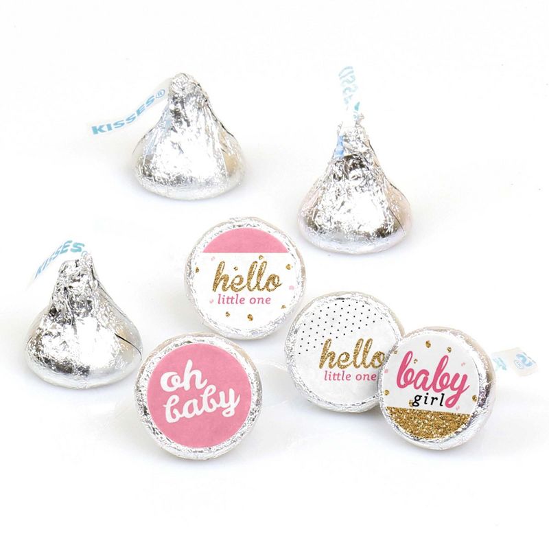 Big Dot of Happiness Hello Little One - Pink & Gold - Girl Baby Shower Party Round Candy Sticker Favors - Labels Fit Hershey's Kisses (1 sheet of 108)
