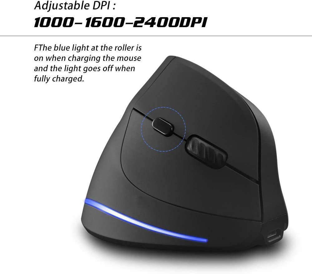 Attoe Vertical Mouse Wireless, Right Handed 2.4GHz Wireless Ergonomic Rechargeable Vertical Mouse with 3 Adjustable DPI 1000/1600/2400, 6 Buttons,Compatible with PC, Desktop,Mac