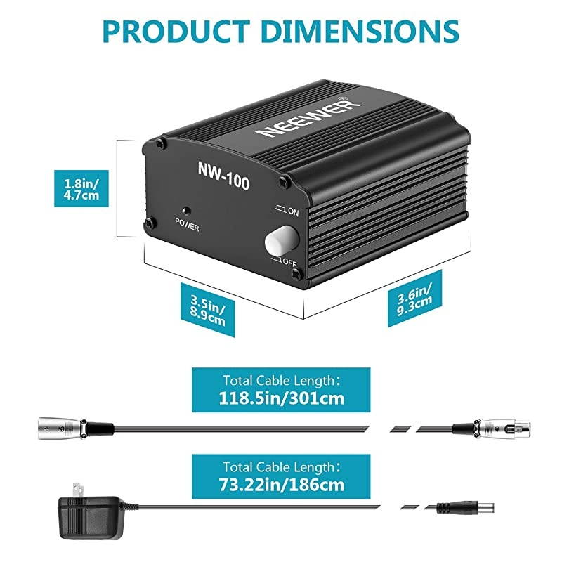 1-Channel 48V Phantom Power Supply with Adapter, BONUS+XLR 3 Pin Microphone Cable for Any Condenser Microphone Music Recording Equipment (8 feet)