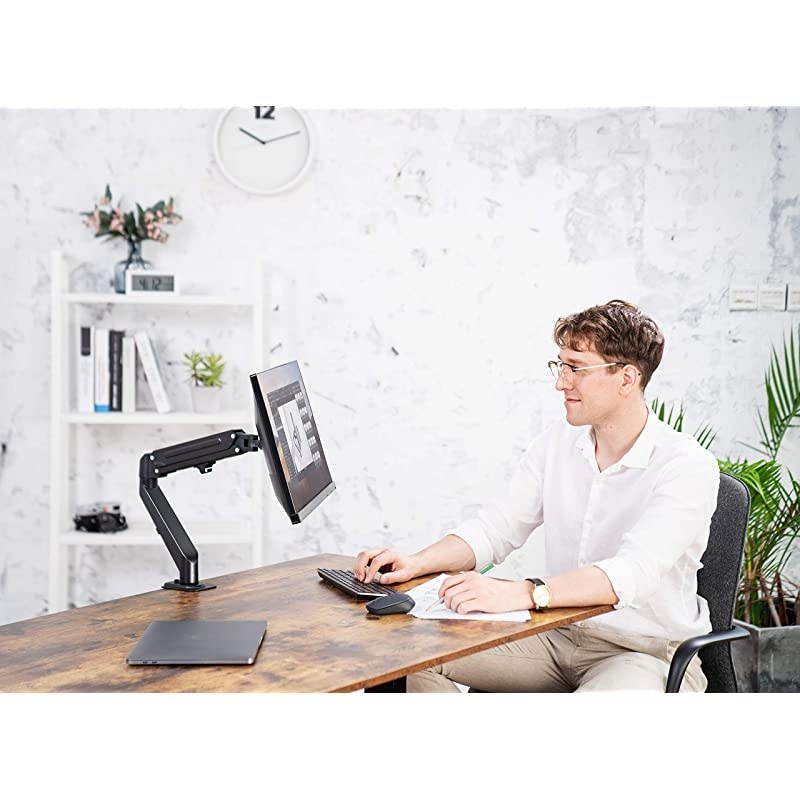 Single Monitor Stand Articulating Gas Spring Monitor Arm Adjustable VESA Mount Desk Stand with CClamp Installation Fits 17 to 27 inch LCD Computer Monitors up to 143lbs