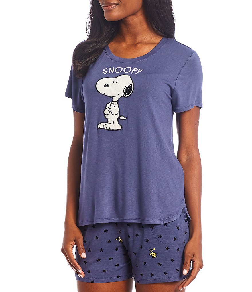 Peanuts Snoopy Appliqued Solid Round Neck Jersey Knit Coordinating Sleep Tee