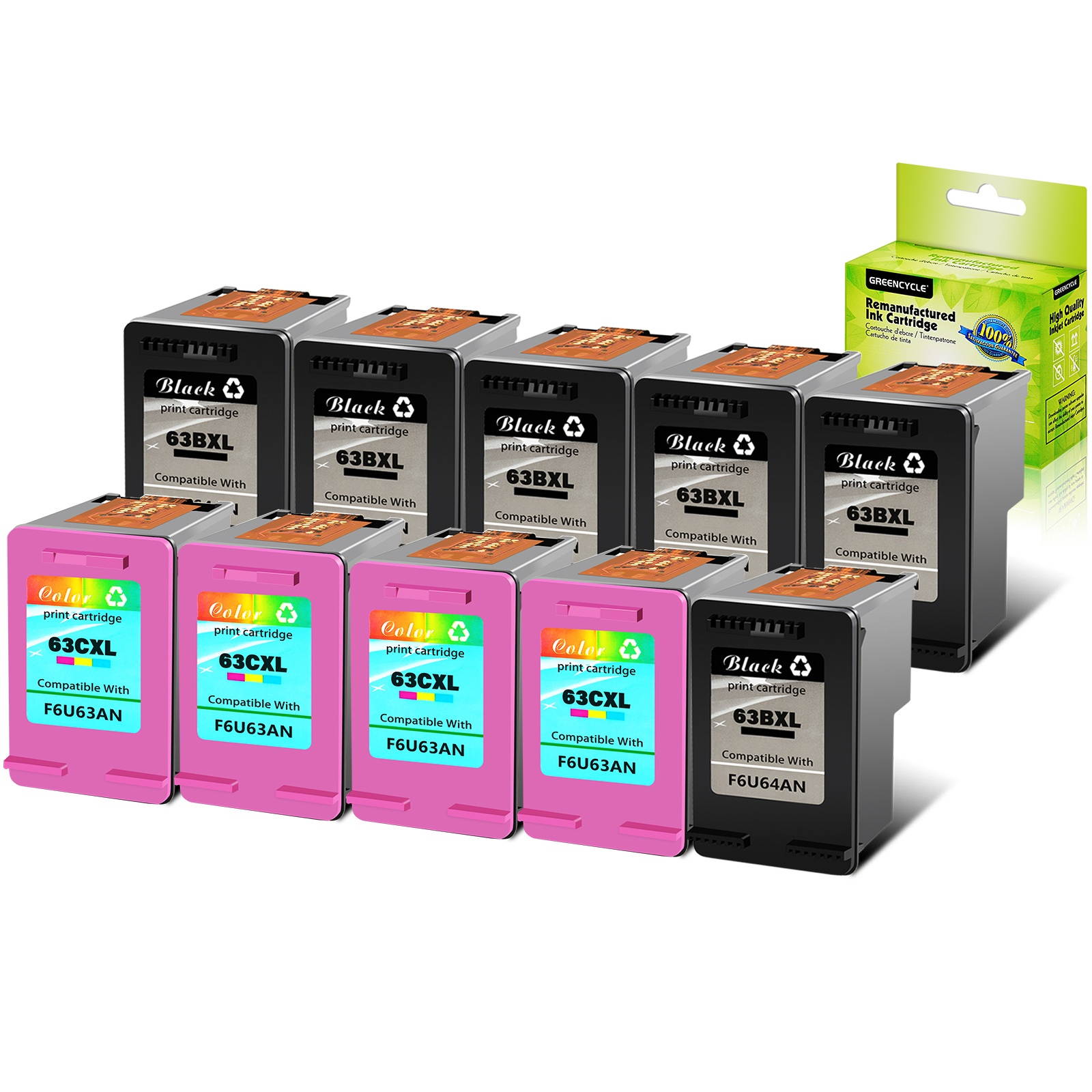 GREENCYCLE 10PK 63XL F6U64A F6U63A (6 Black & 4 Color) High Yield Ink Cartridge Compatible HP ENVY 4520 Printers -With Chip