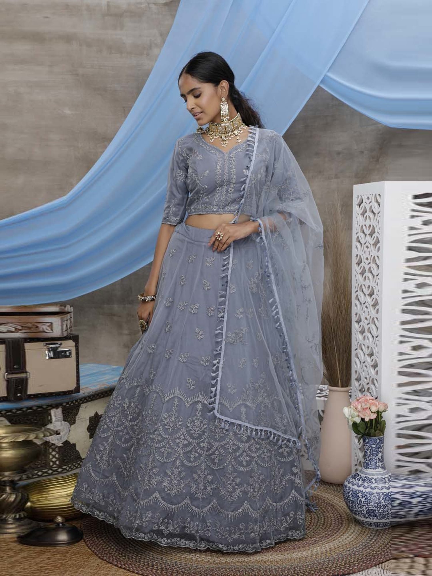 SHUBHKALA Bluish Grey Embroidered Lehenga Choli Set With Dupatta