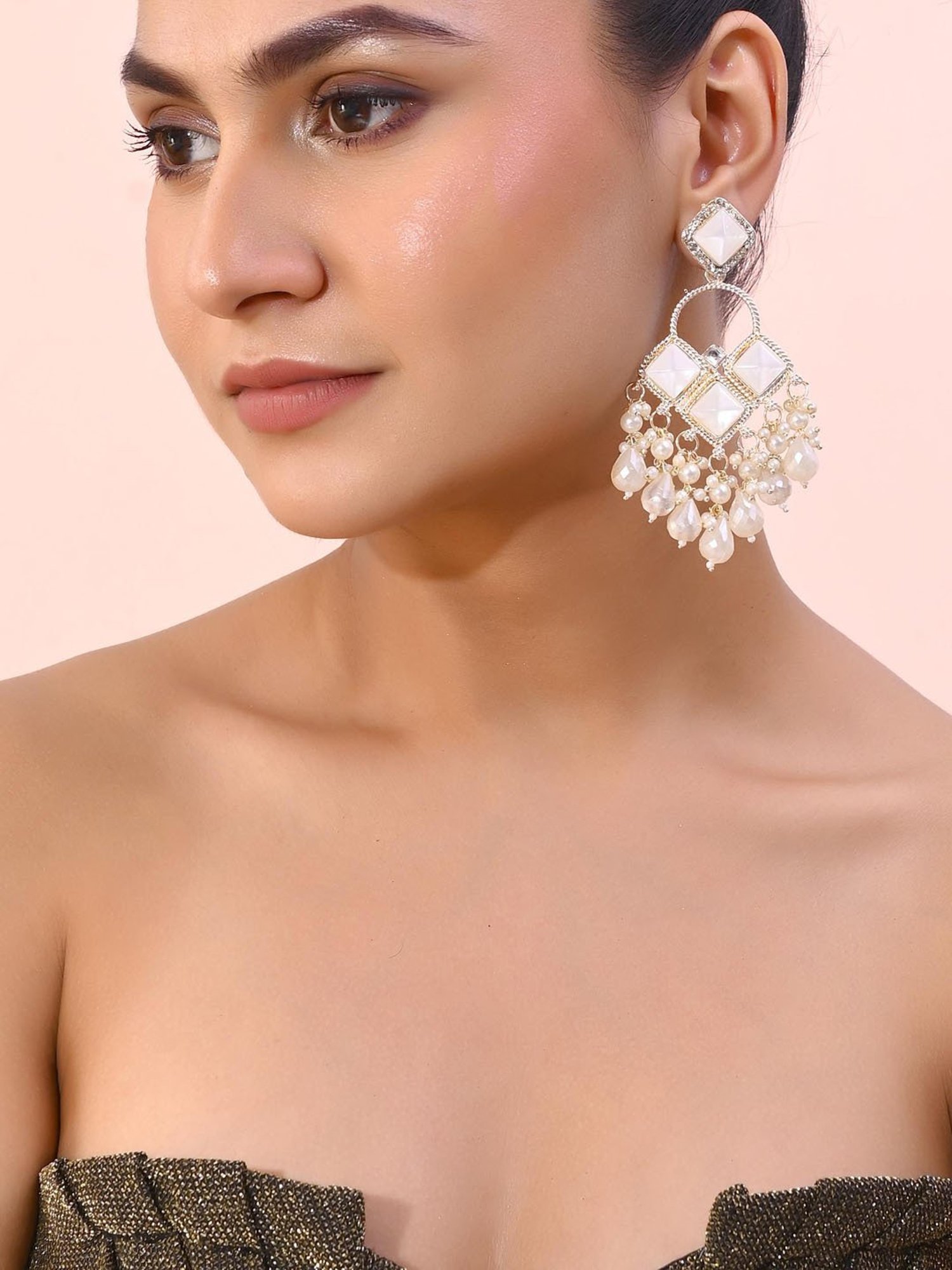 VOJ Gold Plated Geometrical Shaped Classic Drop Earrings for Women