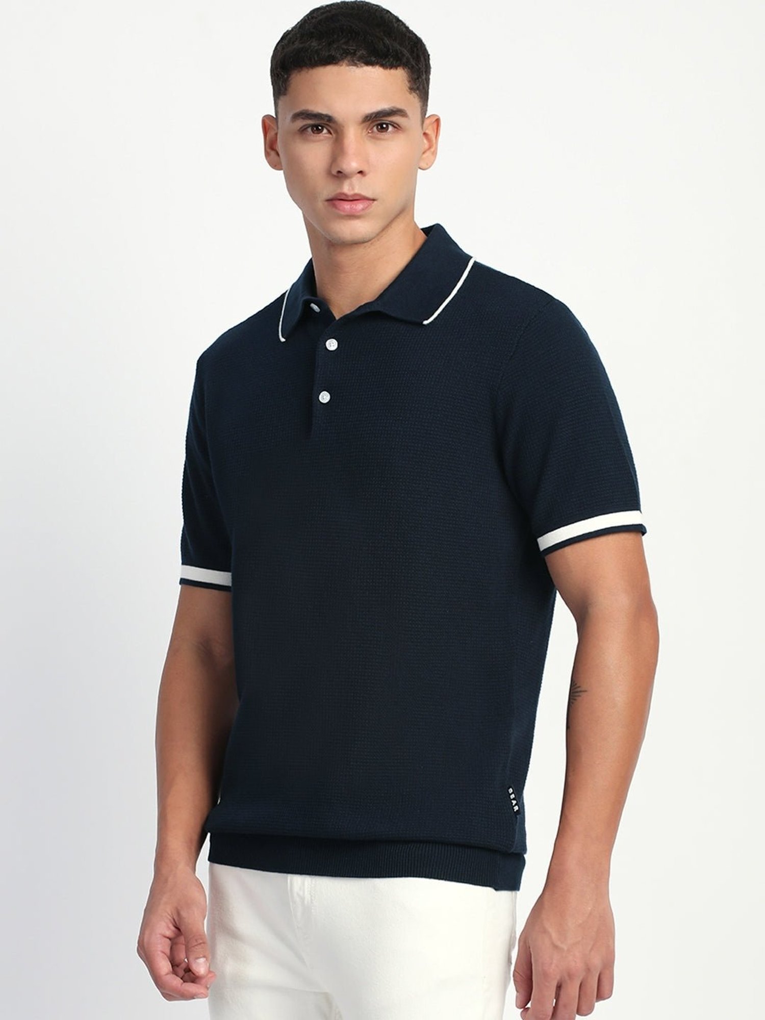 The Bear House Blue Cotton Regular Fit Self Pattern Polo T-Shirt