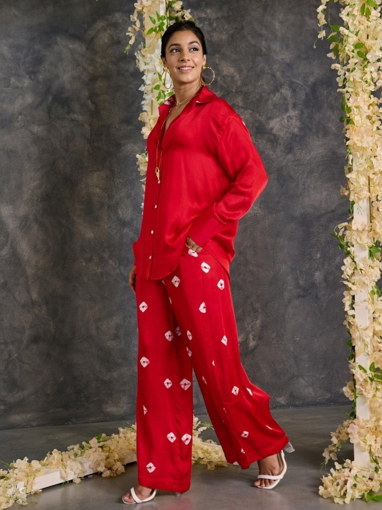 Gulaal Red Bandhani Modal Satin Shirt with Pant