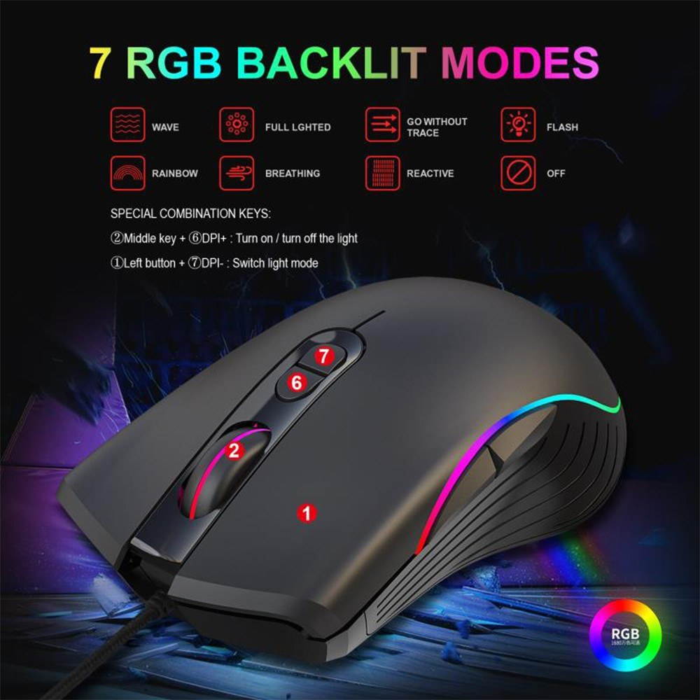 HXSJ Wired Gaming Mouse DPI6400 Optical Mice RGB Backlit Office Mouse 7 Buttons Ergonomic Design