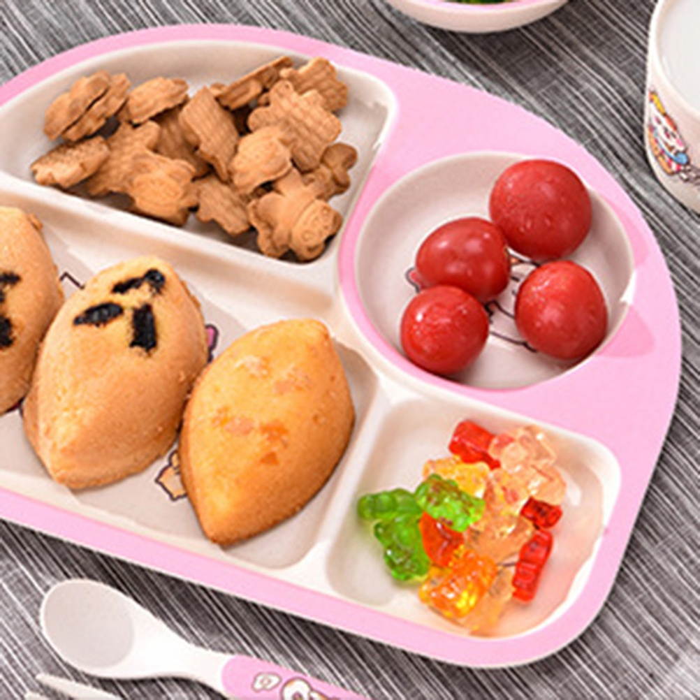 1 Set/5PCS Creative Bamboo Fiber Bowl Exquisite Dinner Tray Drop-Proof Dish Baby Separate Plate Cutlery Set for Babies Children (Pink)