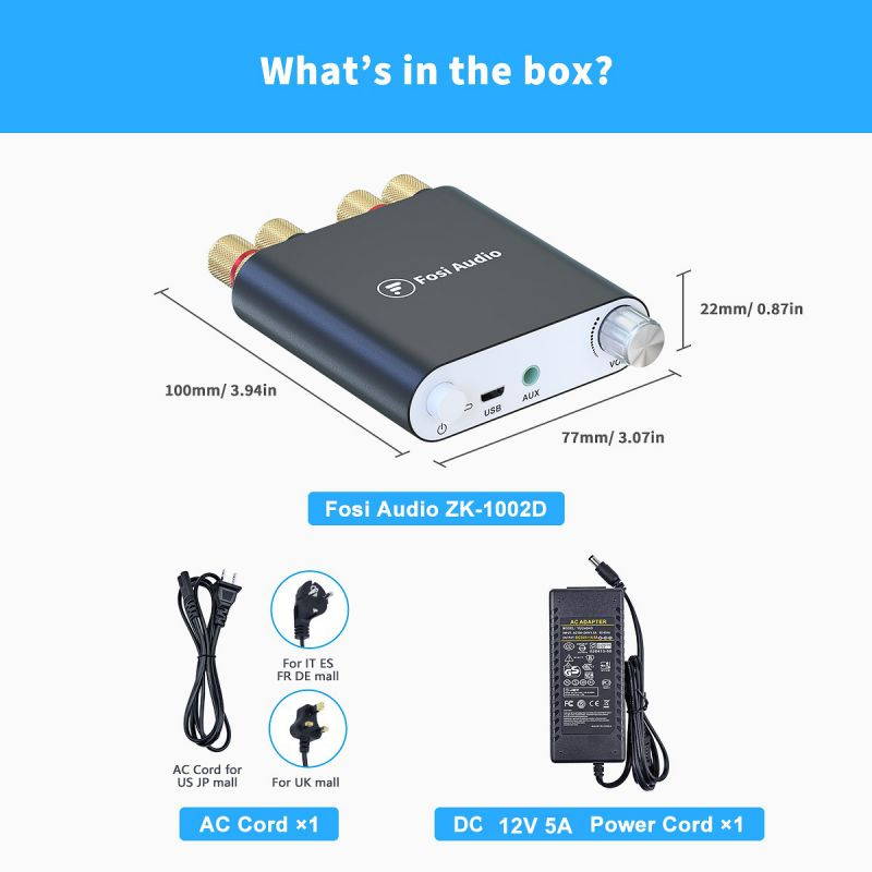 Fosi Audio Bluetooth Power Amplifier 100W x2 Wireless Stereo Receiver Mini 2 CH HiFi Digital Power Amp ZK1002D 24V Power Supply