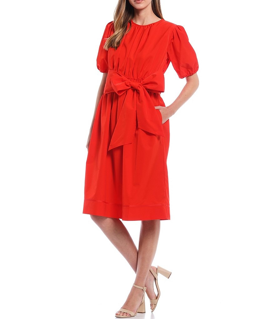 LDT Connie Front Tie Short Sleeve Blouson Midi Dress