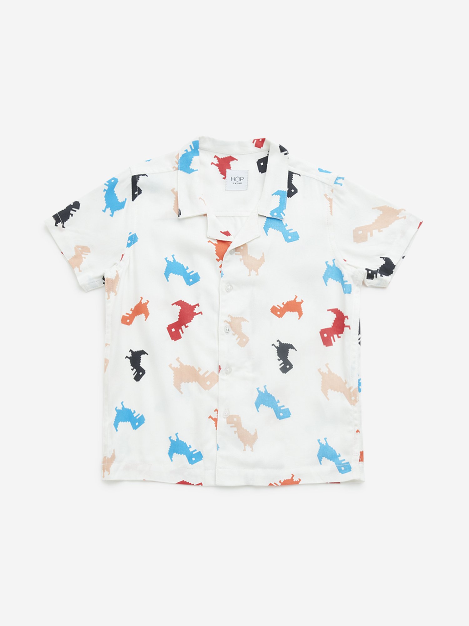 HOP Kids by Westside White Dinosaur Printed Resort-Fit Shirt