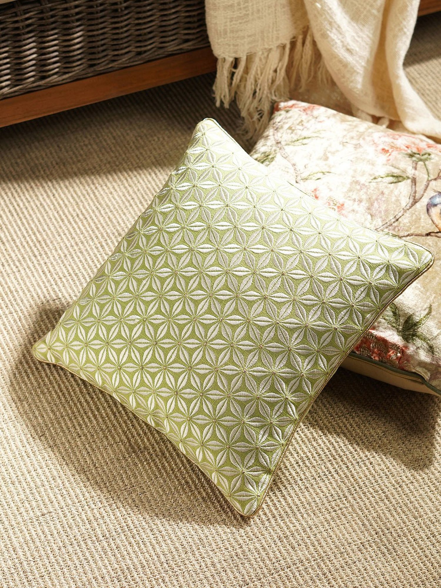 Pure Home and Living Green Cotton Embroidery Cushion Cover