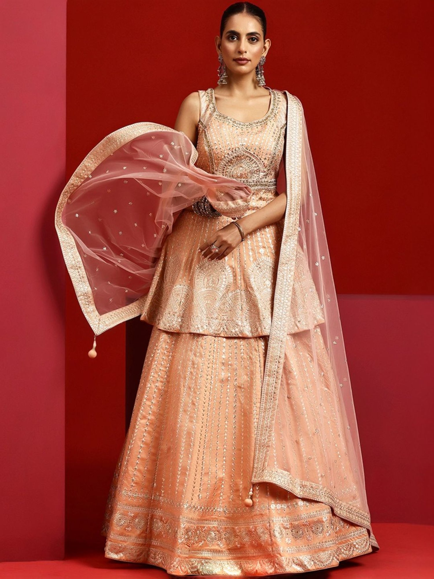Libas Art Peach Embroidered Lehenga Choli Set With Dupatta