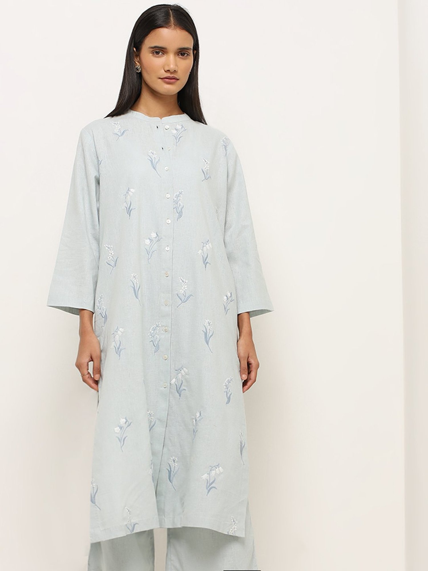 Zuba by Westside Light Blue Floral Embroidered A-Line Cotton Kurta