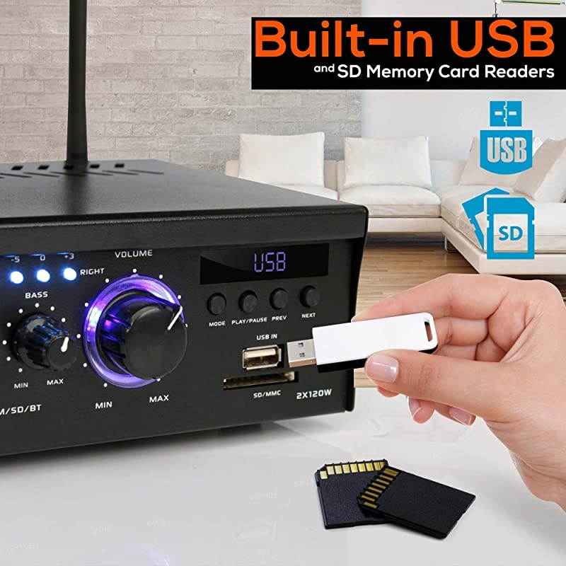 Wireless Bluetooth Home Stereo Amplifier 2x120 Watt Power Amplifier Home Audio Bluetooth Receiver System WBlue Led Display USBSD AUX RCA Headphone Jack Remote  PCAU46BA