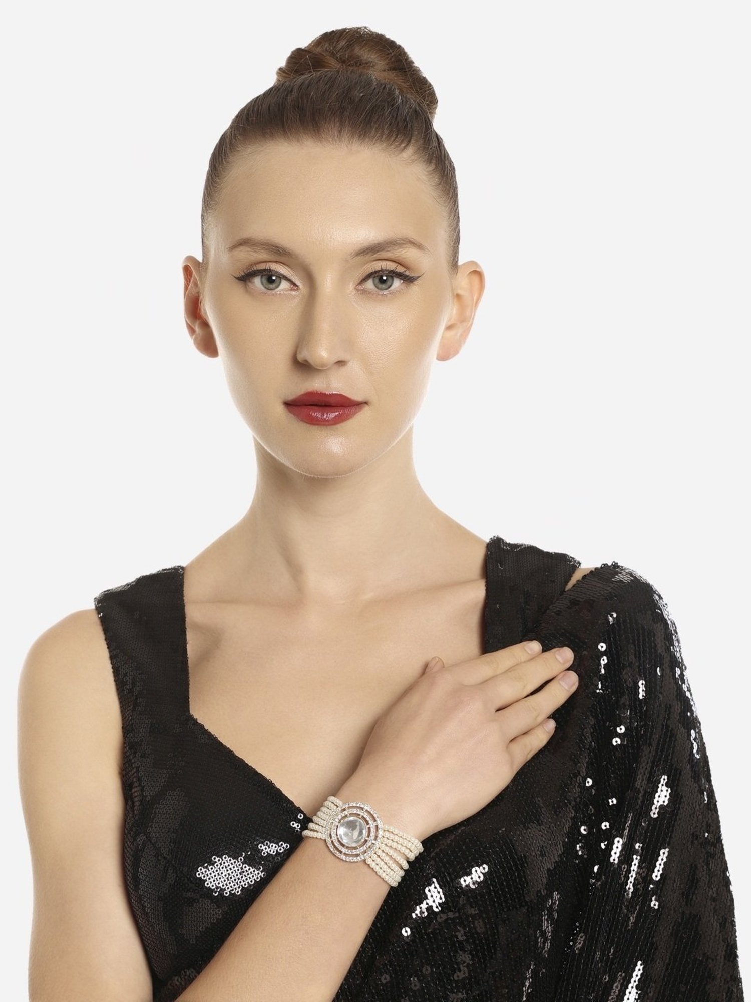 Zaveri Pearls Gold Tone Dazzling Austrian Diamonds Multistrand Pearls Bracelet-ZPFK16599