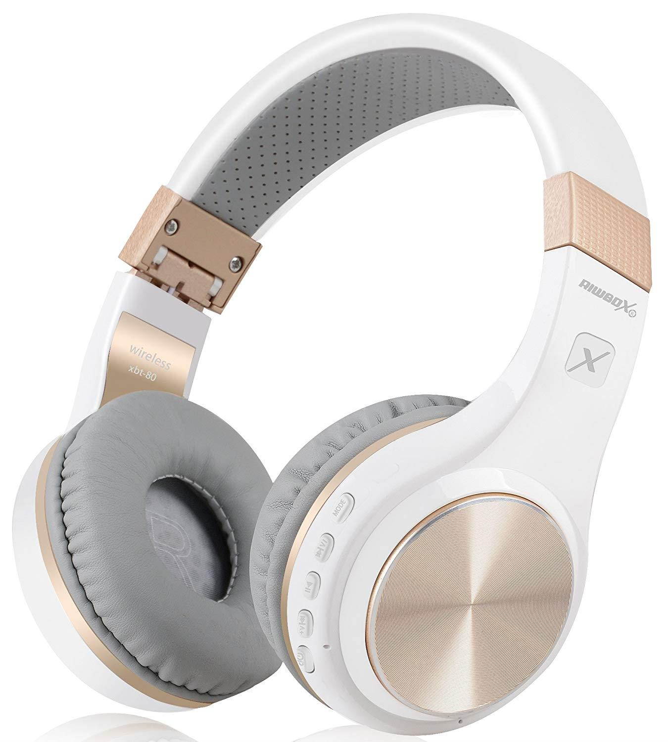 Bluetooth Headphones, Riwbox XBT-80 Foldable Stereo Wireless Bluetooth Headphones Over Ear with Microphone and Volume Control, Wireless and Wired Headset for PC/ Cell Phones/ TV/ Ipad (White Gold)